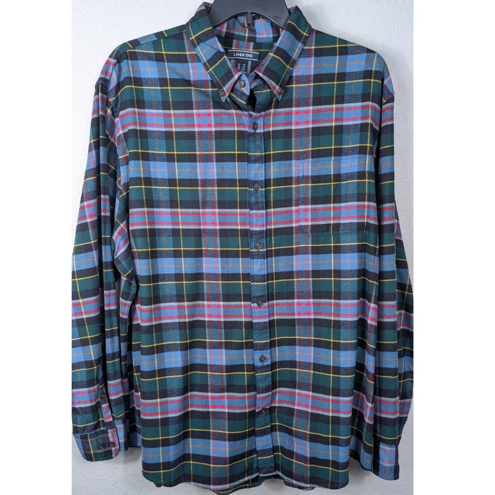 Lands End Flannel Shirt Mens XXL Blue Green Plaid Traditional Fit Cotton